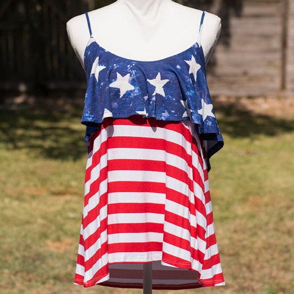 Tops - Patriotic Stars and Stripes Thin Strap Tank Top